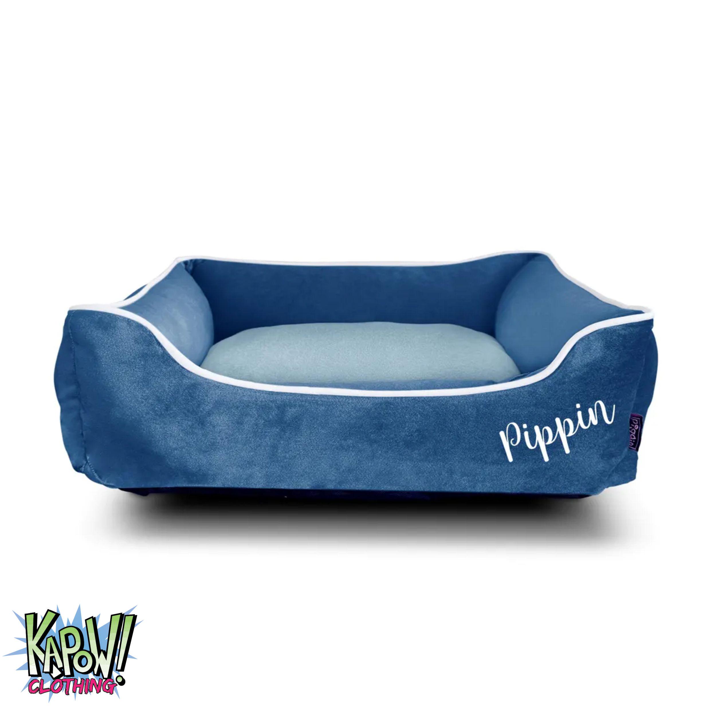 Personalised/Plain LUXE Velvet Dog Bed BLUE S,M,L Machine Washable Add Name/text Pet Bedding For Small-Medium sized dog/Puppy