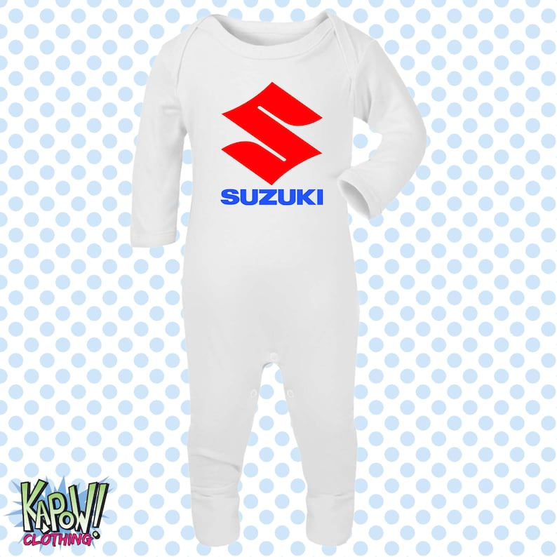 Mono de dormir para bebé, diseño de motocicleta Suzuki, motociclista, motociclista, superbikes clásicas, MotoGP, regalo para recién nacido, 0-3 meses, 3-6 meses, 6-12 meses, 10 colores, 100 % algodón. Blanco