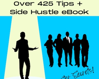 May include: A silhouette of a person standing in a spotlight, with a group of people standing behind them. The text "Dream Job Toolkit Over 425 Tips + Side Hustle eBook" is at the top of the image. The text "Recruiter Secrets!" is at the bottom of the image.