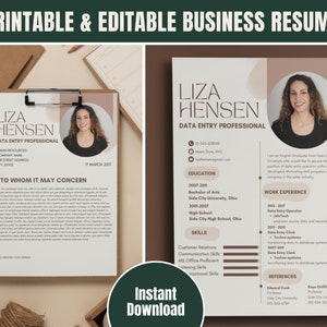 May include: A printable resume template with a brown background and a photo of a woman. The resume is for Liza Hensen, a Data Entry Professional. The resume includes contact information, education, work experience, skills, and references.