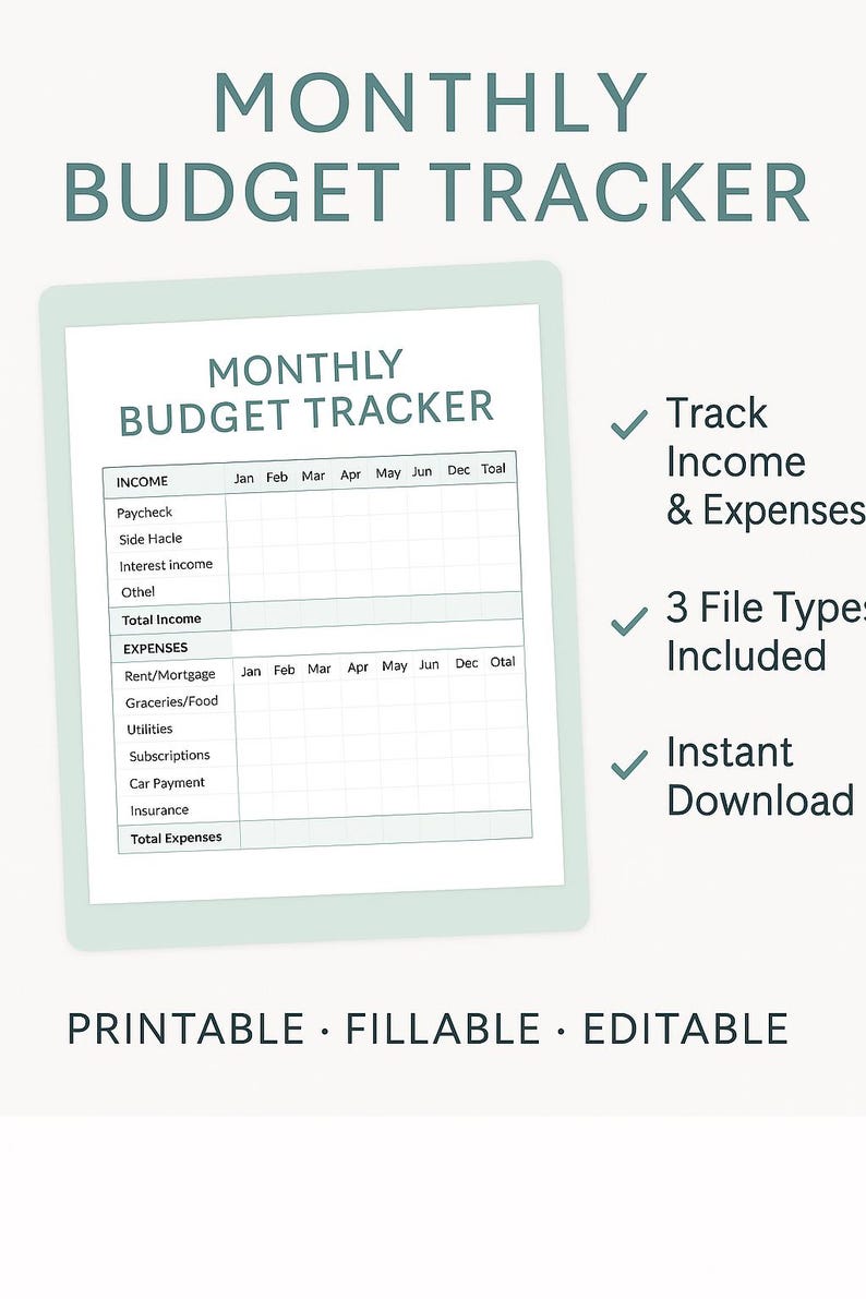 Monthly Budget Tracker | Printable + Digital | Personal Finance Planner ...