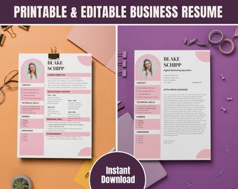 Modelo de currículo rosa e branco: carta de apresentação editável (download instantâneo)