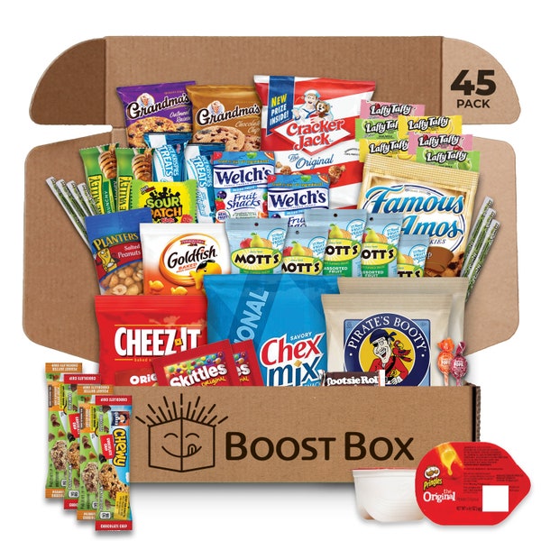 Boost Box (45 Count) Snack Box Variety Pack Gift. Employee Appreciation Basket, College Student Care Package, Candy, Confections, Crisps