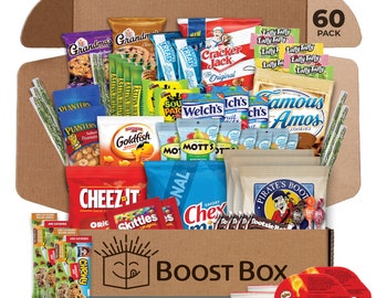 BOOST BOX (60) – Premium Snack Boxes, Care Packages & Gifts Baskets for Kids, College Students, Candy Food Bundle Packs Birthdays, Halloween