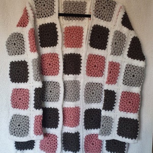 Cardigan, Crochet Granny Square, Long Sleeve,Acrylic, Warm, Cosy, Puff Stitch, Grey, White, Pink and Black