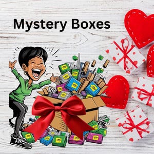 May include: A cartoon illustration of a person holding a large box filled with colorful items. The box is tied with a red bow and surrounded by red hearts and gift boxes with white polka dots. The text "Mystery Boxes" is written above the image.