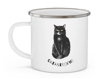 Cat Travel Mug - Enamel Camping Black Cat Mug - Cat Lover Gift - Enamel Mugs - Funny Mugs -Meow Mug - Black And White Cat Tea Cup