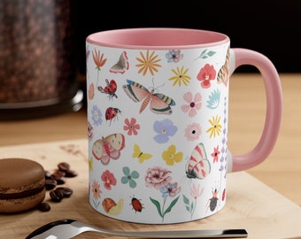 Niedliche Vögel, Schmetterlinge und Blumen Kaffeebecher- Akzent Tasse, 11oz - Vogelbecher - Blumenbecher - Schmetterlingsbecher - Naturbecher - Geschenk für Sie