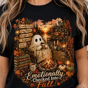 Emotionally Checked Into Fall PNG | Cozy Ghost Campfire Autumn Design | Pumpkin Spice Ghost | Fall Sublimation PNG | Autumn T-Shirt Design