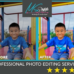 May include: A before and after photo editing comparison showing a young boy sitting on a playground. The before image is slightly blurry and the colours are muted. The after image is sharper and the colours are more vibrant. The text "MS Digitals" is in pink and white with a heart symbol and the text "We Bring Art To Your Heart" is below it. The text "PROFESSIONAL PHOTO EDITING SERVICES" is below the images and there are five gold stars below the text.