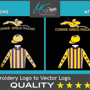 Puede incluir: Imágenes antes y después que muestran el diseño de un logotipo de carreras de caballos. La imagen anterior muestra un logotipo bordado en amarillo y morado sobre un fondo negro. La imagen posterior muestra una versión vectorial del logotipo con un caballo y un jinete amarillo y morado sobre un fondo negro. El texto "CONNIE GREIG RACING" está debajo del logotipo en ambas imágenes. El texto "Embroidery Logo to Vector Logo" y "QUALITY★★★★★" está debajo de las imágenes.