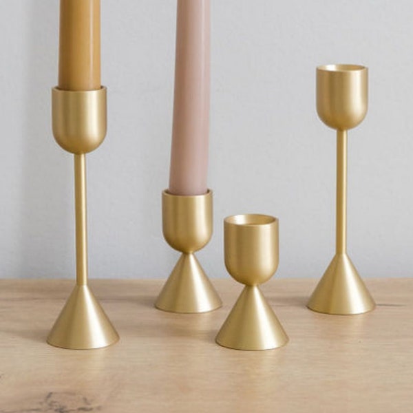 Gold Solid Brass Modern Candlestick | Tapered Candle Holder