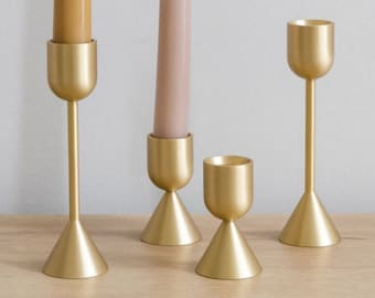 Gold Solid Brass Modern Candlestick | Tapered Candle Holder