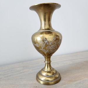 Vintage Etched White Flower Brass Vase | Antique Floral Gold Brass Vase