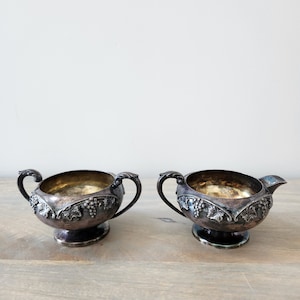 Vintage Sugar Bowl and Creamer Set- Silver Plated  | Antique Old English, Grape Vine Pattern