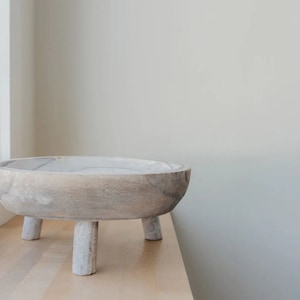 Footed Wooden Bowl, white washed raw wood bowl, rustic Kitchen decor, organic modern home decor, bowl with legs, coffee table decor