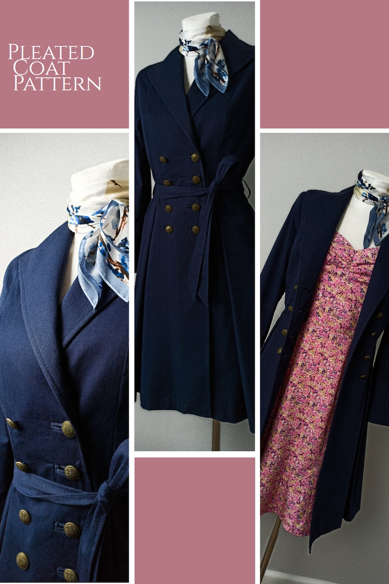 May include: A navy blue pleated coat with a double breasted closure, gold buttons, and a matching belt. The coat is shown on a mannequin with a white and blue patterned scarf.