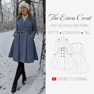 Women's Coat Sewing Pattern | Double Breasted Fit and Flare Wool Coat, Elegant Winter Coat Pattern, Princess Seam Vintage Coat Tutorial