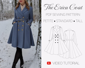 Patrón de costura para abrigo de mujer / Abrigo de lana cruzado, entallado y acampanado, elegante patrón de abrigo de invierno, tutorial de abrigo vintage con costura princesa