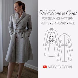 Elegant A-Line Coat Sewing Pattern | Double Breasted Wool Coat with Shawl Collar, Princess Seam Winter Coat PDF, Vintage Swing Coat