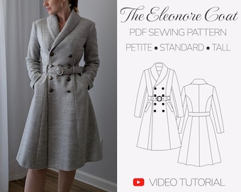 Patrón de costura para abrigo elegante de corte A / Abrigo de lana cruzado con cuello chal, abrigo de invierno con corte princesa (PDF), abrigo vintage con vuelo