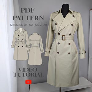Women's Trench Coat Sewing Pattern | Classic Double Breasted Trench PDF, Tailored Spring Coat Tutorial, Plus Size Long Autumn Coat Pattern