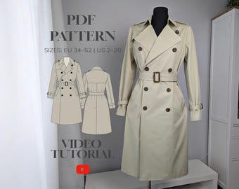 May include: A beige double-breasted trench coat with a notched collar, long sleeves, and a belted waist. The image includes text reading PDF PATTERN, SIZES: EU 34-52 | US 2-20, and VIDEO TUTORIAL, alongside a technical line drawing of the coat.