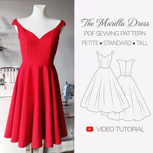 Patron PDF de robe à épaules dénudées et couture princesse | Robe moulante et évasée circulaire | décolleté en coeur | 7 hauteurs de corps | Taille 6-32