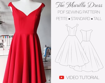 Patrón PDF de vestido de corte princesa con hombros descubiertos / Vestido entallado y acampanado / Escote corazón / 7 alturas / Talla 6-32