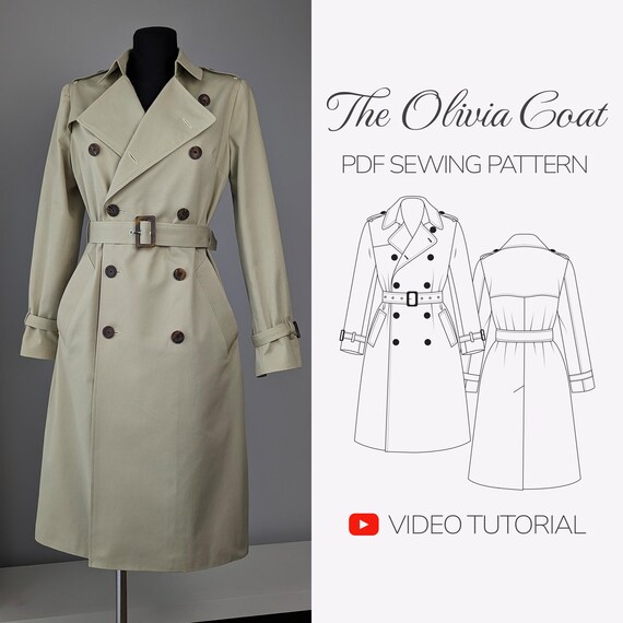 Women's Trench Coat Sewing Pattern | Sizes US 2-20 (EU 34-52) | Detachable Warmer Lining | PDF Classic Trench Coat Tutorial