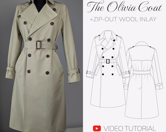 Patrón de costura de gabardina para mujer / Gabardina cruzada clásica (PDF), tutorial de abrigo de primavera a medida, patrón de abrigo largo de otoño en tallas grandes