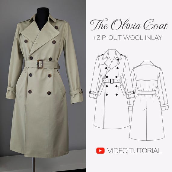 Women's Trench Coat Sewing Pattern | Classic Double Breasted Trench PDF, Tailored Spring Coat Tutorial, Plus Size Long Autumn Coat Pattern