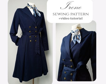 PDF Coat Pattern Woman, Trench Coat Sewing Pattern, Wool Coat Pattern, Dress Coat Sewing Pattern, Princess Long Coat Pleated Skirt Pattern