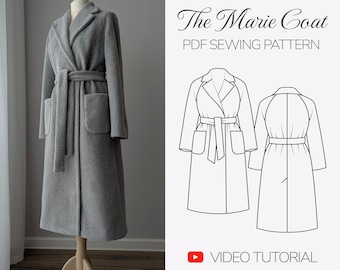 Abrigo raglán oversize con cinturón / Patrón de abrigo tipo bata minimalista / Tallas 32-52 / A0, A4 y Carta EE. UU. / Videotutorial de costura