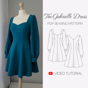 PDF Dress Sewing Pattern | Easy sewing pattern for women | Mini dress with puff sleeves pattern | Sweetheart Neckline Dress Fit and Flare