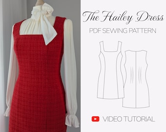 Patrón de costura para minivestido de escote cuadrado / Patrón de vestido sin mangas / Vestido con forro completo / Proyecto de costura fácil y básico con videotutorial