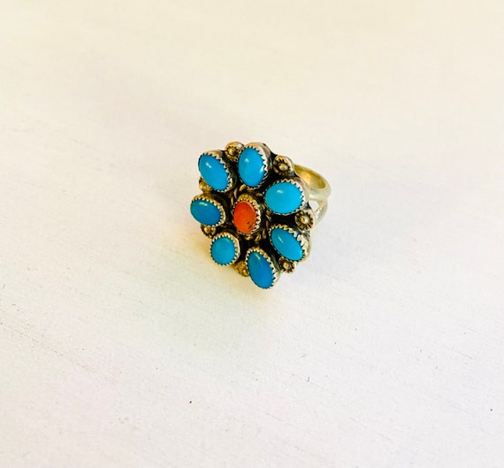 1970’s Vintage Navajo turquoise & coral ring - image 3