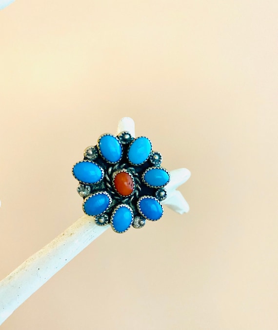 1970’s Vintage Navajo turquoise & coral ring - image 1