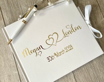 Wedding Guest Book, FREE PEN, Personalised Gold Metallic Hearts writing, Wedding Gift, Modern wedding guest book, Wedding Keepsake 9 colours