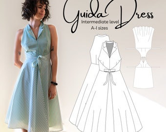May include: A blue and white striped dress with a collar and a tie at the waist. The dress is sleeveless and has a full skirt. The dress is shown on a model and also as a line drawing.