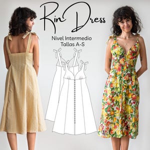 Puede incluir: Un patrón de costura para un vestido sin mangas con escote en V y cierre de botones en la parte delantera. El patrón incluye instrucciones para hacer el vestido en tallas A-S. El texto "Rin Dress" y "Nivel Intermedio Tallas A-S" es visible en la imagen.
