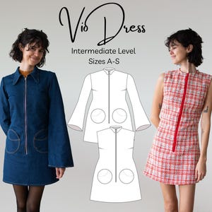 Puede incluir: Un patrón de vestido blanco con una cremallera en la parte delantera y dos bolsillos en la parte delantera. El patrón es para las tallas A-S y es un proyecto de costura de nivel intermedio. El texto "Vio Dress" está escrito en cursiva sobre el patrón.