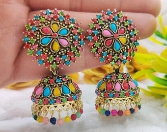 Multi coloured jhumka earrings, jhumka, jhumki jewellery, indian jewellery, indian jhumka, women jhumka, meenkari jhumka, jhumka earrings