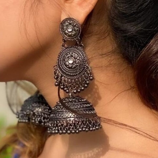 bollwood oxidized earrings/big jhumka earrings/oxidized silver plated earrings/ethnic earrings/partywear earrings/handmade big earrings