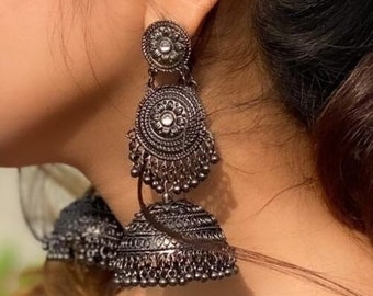 Silver Oxide Round Jhumka Earrings