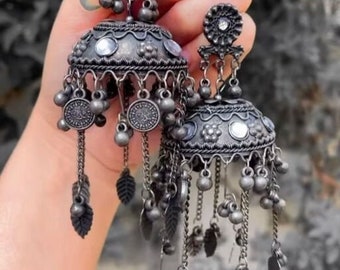 Black oxidized jhumka/long jhumka/heavy jhumka with tassel/long jhumka/big jhumka earrings/long earrings