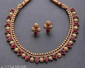 Collier de créateur du Sud/Collier en plaqué or/Bijoux afgani/Parure de bijoux/Collier avec boucles d'oreilles/Collier de l'Inde du Sud/Collier sarre wear