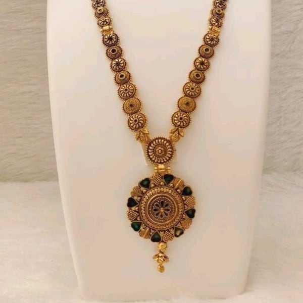 Wedding wear round shape golden necklace/big size long golden necklace/antique long matte golden temple jewellery/south indian necklace