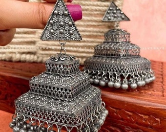 Black oxidized jhumka/long jhumka/heavy jhumka with tassel/long jhumka/big jhumka earrings/long earrings