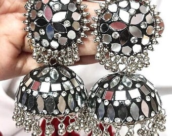 Boucles d'oreilles mirrior jhumka, boucles d'oreilles afgani oxydées en miroir pour femmes et filles, boucles d'oreilles superposées, style tribu afgani, boucles d'oreilles jhumka, jhumka bali